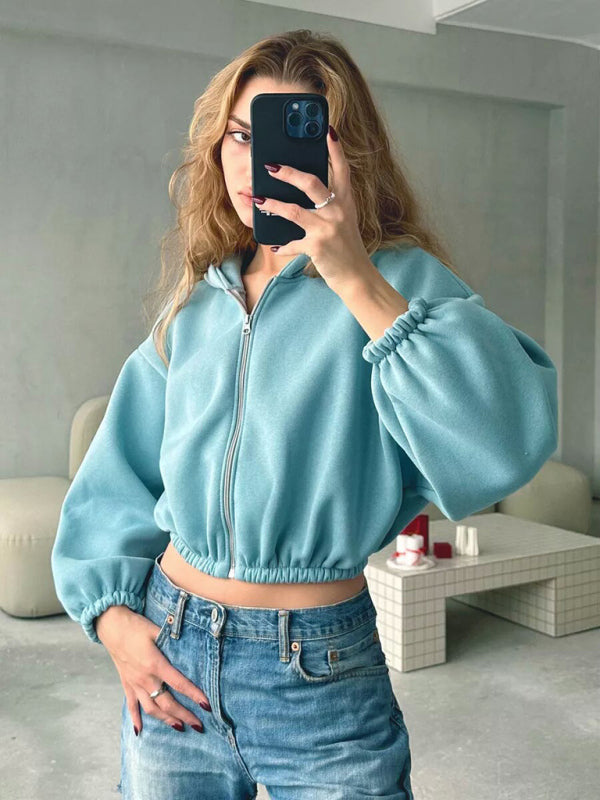 Blue Zone Planet | Casual Women's Solid Color Hoodie Long Sleeve Cropped Jacket Zipper Cardigan Sweatshirt-Tops / Dresses-[Adult]-[Female]-Sky blue azure-S-2022 Online Blue Zone Planet