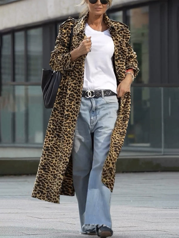 Blue Zone Planet | New Leopard Print Lapel Trench Coat Loose Casual Long Sleeve Women's Jacket-[Adult]-[Female]-Leopard-S-2022 Online Blue Zone Planet