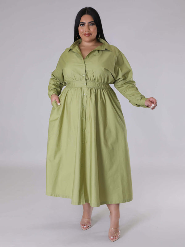 Blue Zone Planet | Plus Size Women's Solid Color Long Sleeve Shirt Dresses-TOPS / DRESSES-[Adult]-[Female]-2022 Online Blue Zone Planet