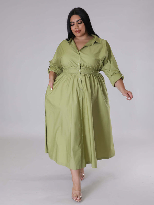 Blue Zone Planet | Plus Size Women's Solid Color Long Sleeve Shirt Dresses-TOPS / DRESSES-[Adult]-[Female]-2022 Online Blue Zone Planet