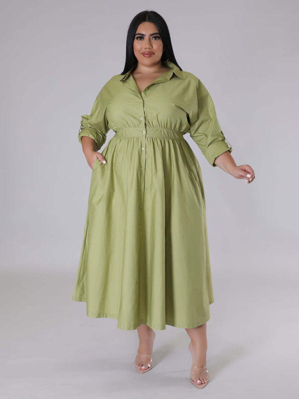 Blue Zone Planet | Plus Size Women's Solid Color Long Sleeve Shirt Dresses-TOPS / DRESSES-[Adult]-[Female]-Olive green-XL-2022 Online Blue Zone Planet