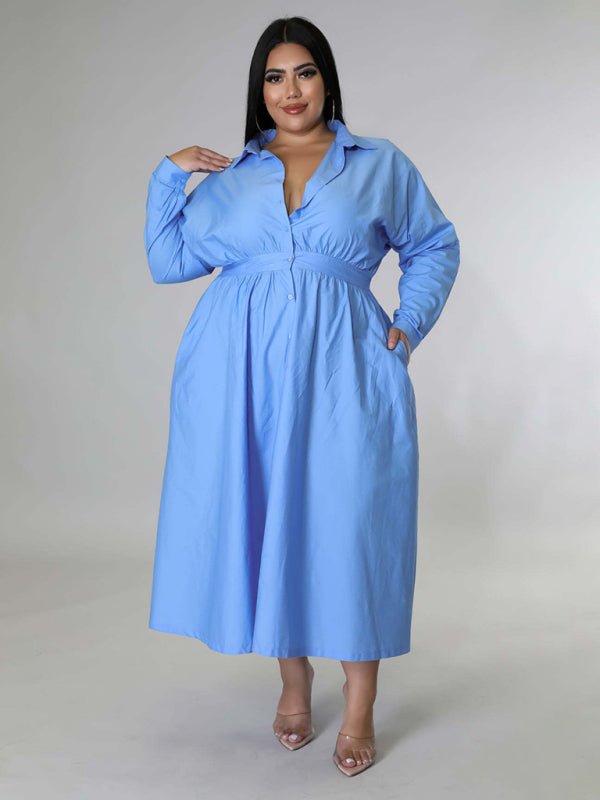 Blue Zone Planet | Plus Size Women's Solid Color Long Sleeve Shirt Dresses-TOPS / DRESSES-[Adult]-[Female]-Blue-XL-2022 Online Blue Zone Planet