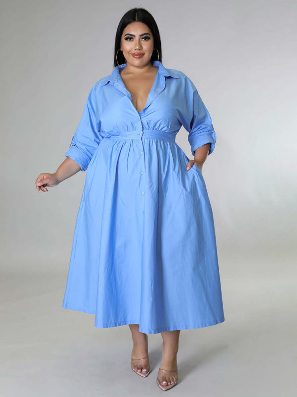 Blue Zone Planet | Plus Size Women's Solid Color Long Sleeve Shirt Dresses-TOPS / DRESSES-[Adult]-[Female]-2022 Online Blue Zone Planet