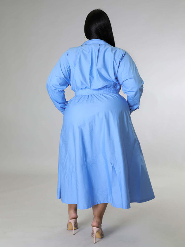 Blue Zone Planet | Plus Size Women's Solid Color Long Sleeve Shirt Dresses-TOPS / DRESSES-[Adult]-[Female]-2022 Online Blue Zone Planet