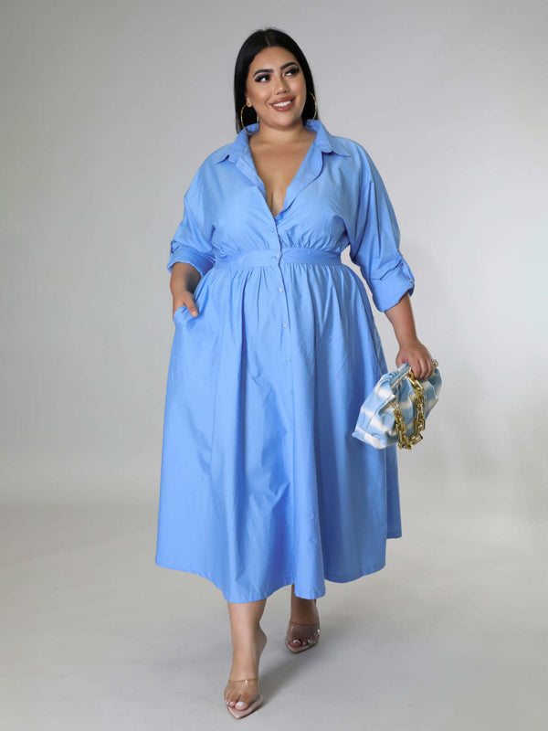 Blue Zone Planet | Plus Size Women's Solid Color Long Sleeve Shirt Dresses-TOPS / DRESSES-[Adult]-[Female]-2022 Online Blue Zone Planet