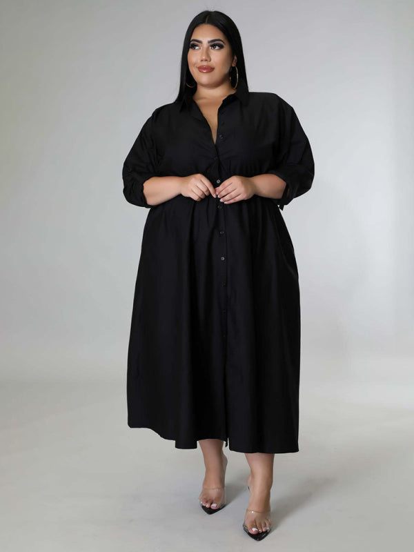 Blue Zone Planet | Plus Size Women's Solid Color Long Sleeve Shirt Dresses-TOPS / DRESSES-[Adult]-[Female]-Black-XL-2022 Online Blue Zone Planet