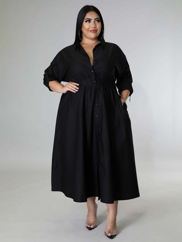 Blue Zone Planet | Plus Size Women's Solid Color Long Sleeve Shirt Dresses-TOPS / DRESSES-[Adult]-[Female]-2022 Online Blue Zone Planet