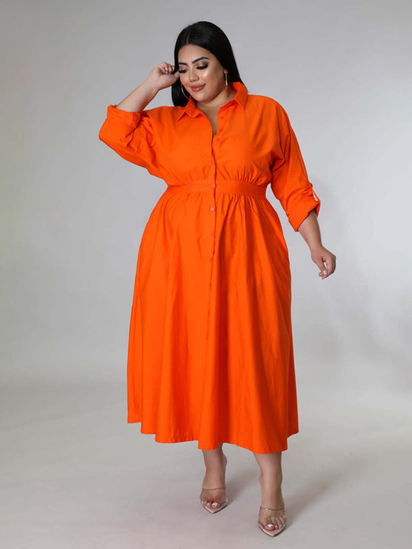 Blue Zone Planet | Plus Size Women's Solid Color Long Sleeve Shirt Dresses-TOPS / DRESSES-[Adult]-[Female]-Orange Red-XL-2022 Online Blue Zone Planet