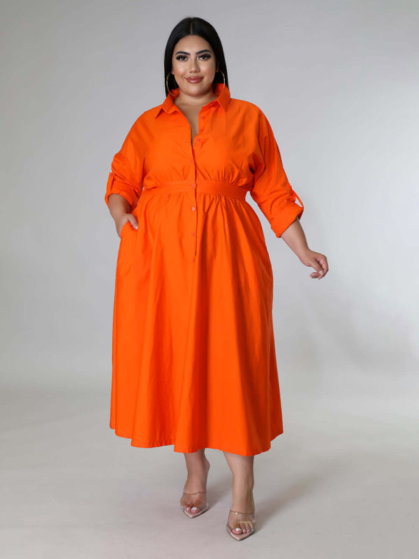 Blue Zone Planet | Plus Size Women's Solid Color Long Sleeve Shirt Dresses-TOPS / DRESSES-[Adult]-[Female]-2022 Online Blue Zone Planet