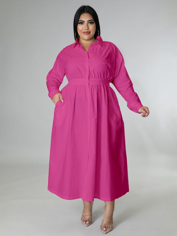 Blue Zone Planet | Plus Size Women's Solid Color Long Sleeve Shirt Dresses-TOPS / DRESSES-[Adult]-[Female]-Rose-XL-2022 Online Blue Zone Planet