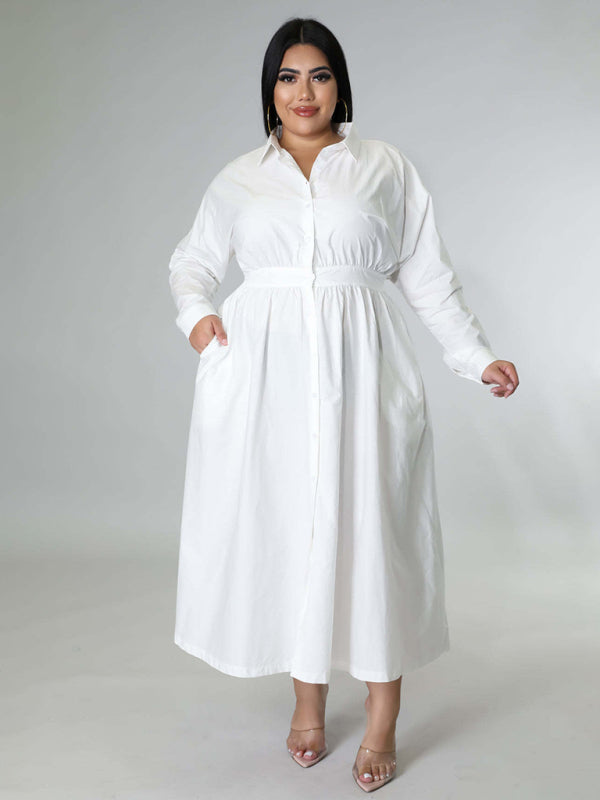 Blue Zone Planet | Plus Size Women's Solid Color Long Sleeve Shirt Dresses-TOPS / DRESSES-[Adult]-[Female]-White-XL-2022 Online Blue Zone Planet