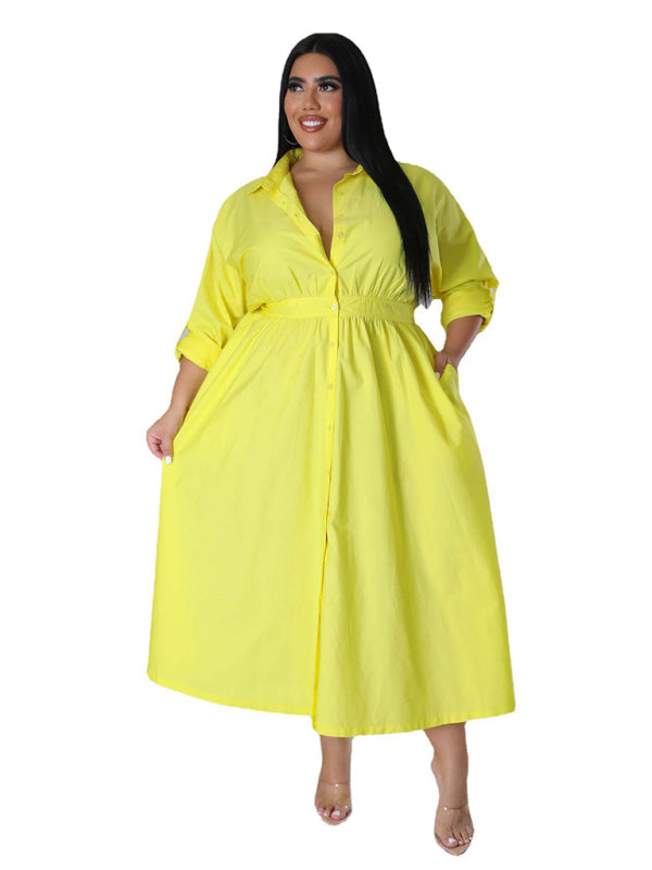 Blue Zone Planet | Plus Size Women's Solid Color Long Sleeve Shirt Dresses-TOPS / DRESSES-[Adult]-[Female]-2022 Online Blue Zone Planet