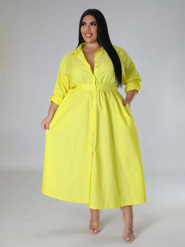 Blue Zone Planet | Plus Size Women's Solid Color Long Sleeve Shirt Dresses-TOPS / DRESSES-[Adult]-[Female]-Yellow green-XL-2022 Online Blue Zone Planet