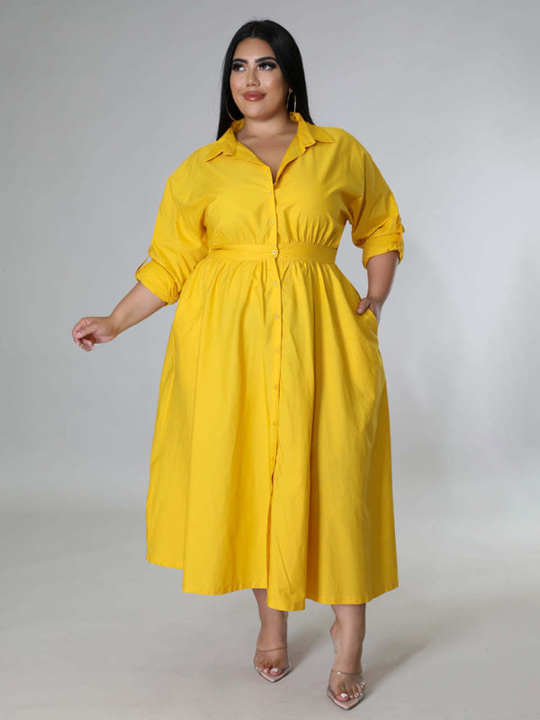 Blue Zone Planet | Plus Size Women's Solid Color Long Sleeve Shirt Dresses-TOPS / DRESSES-[Adult]-[Female]-Yellow-XL-2022 Online Blue Zone Planet