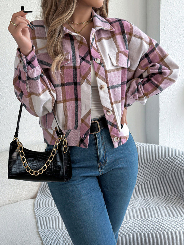Blue Zone Planet | Casual Plaid Long Sleeve Tweed Jacket Coat-[Adult]-[Female]-2022 Online Blue Zone Planet