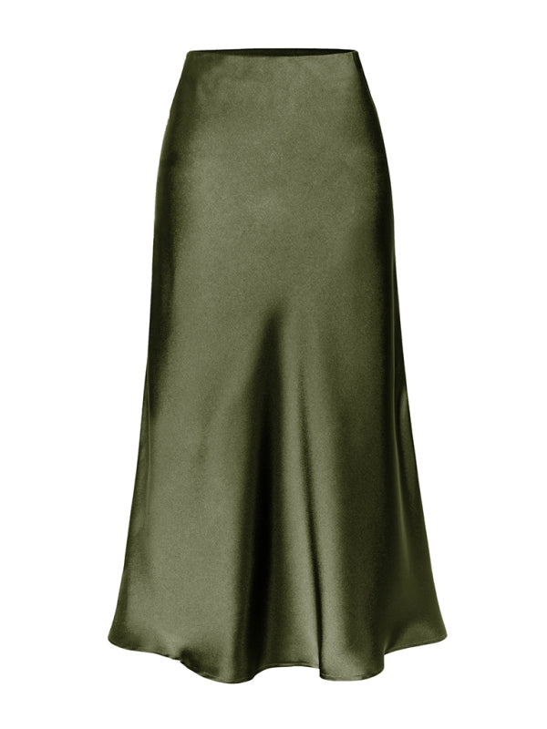 Blue Zone Planet | Satin High Waist Solid Color Split Midi Skirt-[Adult]-[Female]-Olive green-S-2022 Online Blue Zone Planet