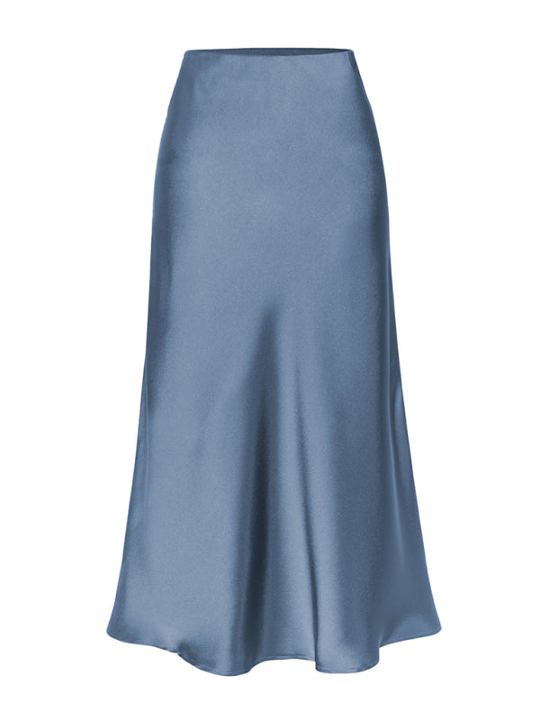 Blue Zone Planet | Satin High Waist Solid Color Split Midi Skirt-[Adult]-[Female]-Blue-S-2022 Online Blue Zone Planet