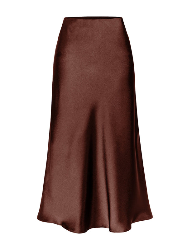 Blue Zone Planet | Satin High Waist Solid Color Split Midi Skirt-[Adult]-[Female]-Coffee-S-2022 Online Blue Zone Planet