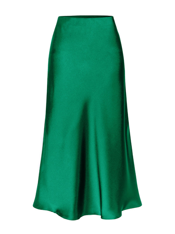 Blue Zone Planet | Satin High Waist Solid Color Split Midi Skirt-[Adult]-[Female]-Green black jasper-S-2022 Online Blue Zone Planet