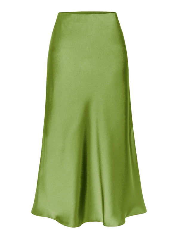 Blue Zone Planet | Satin High Waist Solid Color Split Midi Skirt-[Adult]-[Female]-Fruit green-S-2022 Online Blue Zone Planet