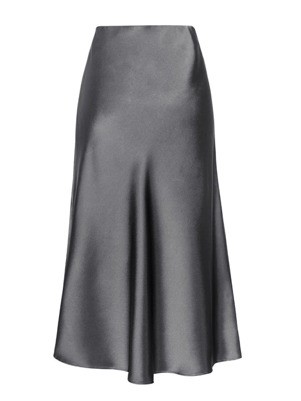 Blue Zone Planet | Satin High Waist Solid Color Split Midi Skirt-[Adult]-[Female]-Grey-S-2022 Online Blue Zone Planet