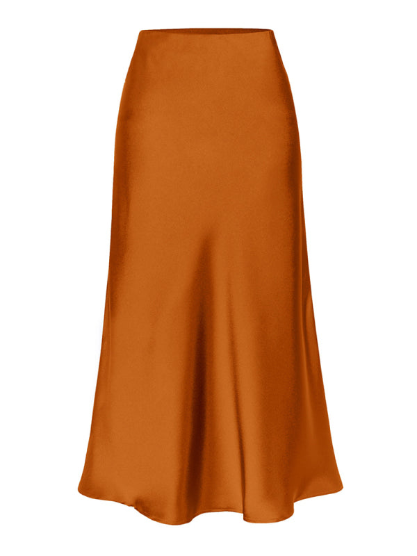 Blue Zone Planet | Satin High Waist Solid Color Split Midi Skirt-[Adult]-[Female]-caramel-S-2022 Online Blue Zone Planet