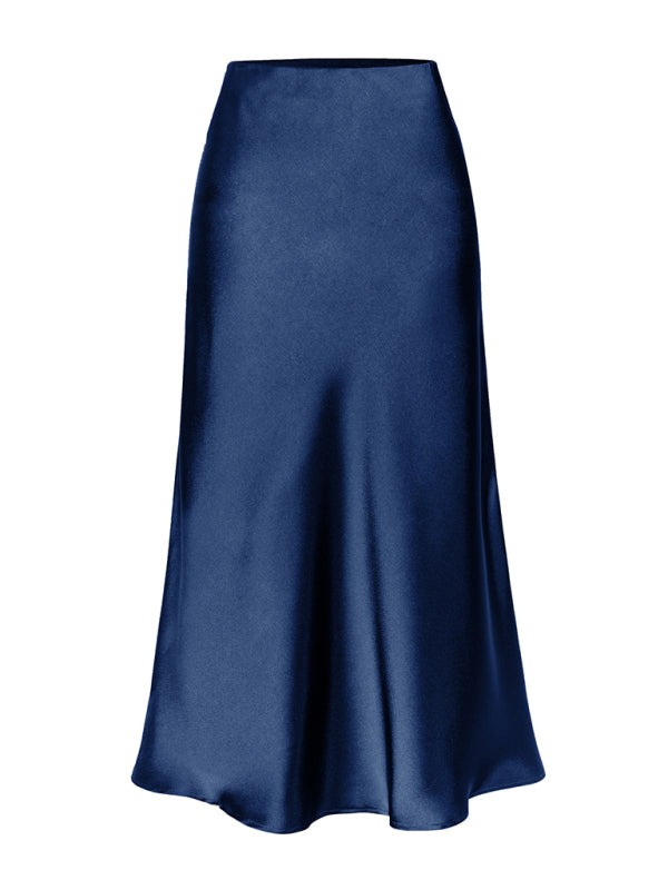 Blue Zone Planet | Satin High Waist Solid Color Split Midi Skirt-[Adult]-[Female]-Champlain color-S-2022 Online Blue Zone Planet