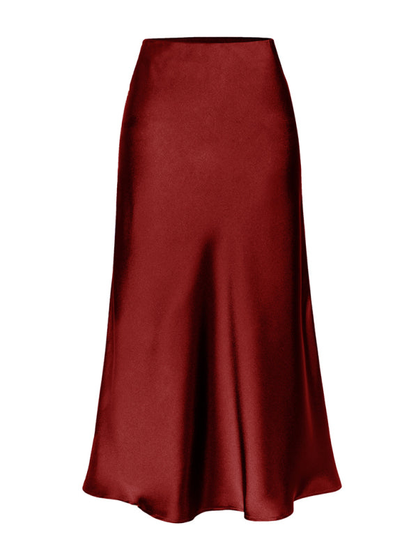 Blue Zone Planet | Satin High Waist Solid Color Split Midi Skirt-[Adult]-[Female]-Wine Red-S-2022 Online Blue Zone Planet