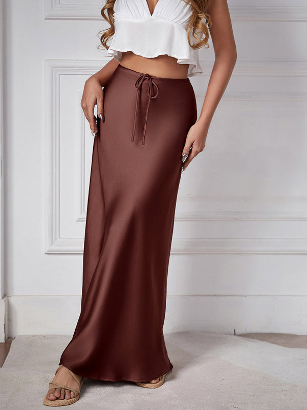 Blue Zone Planet | Satin Long Skirt High Waist Drawstring Tie Solid Color Halter Skirt-[Adult]-[Female]-Champagne-S-2022 Online Blue Zone Planet