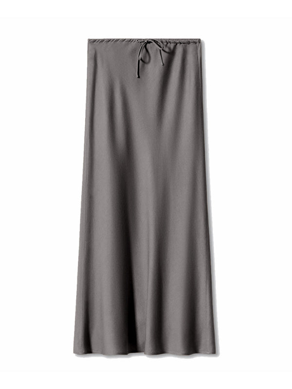 Blue Zone Planet | Satin Long Skirt High Waist Drawstring Tie Solid Color Halter Skirt-[Adult]-[Female]-2022 Online Blue Zone Planet