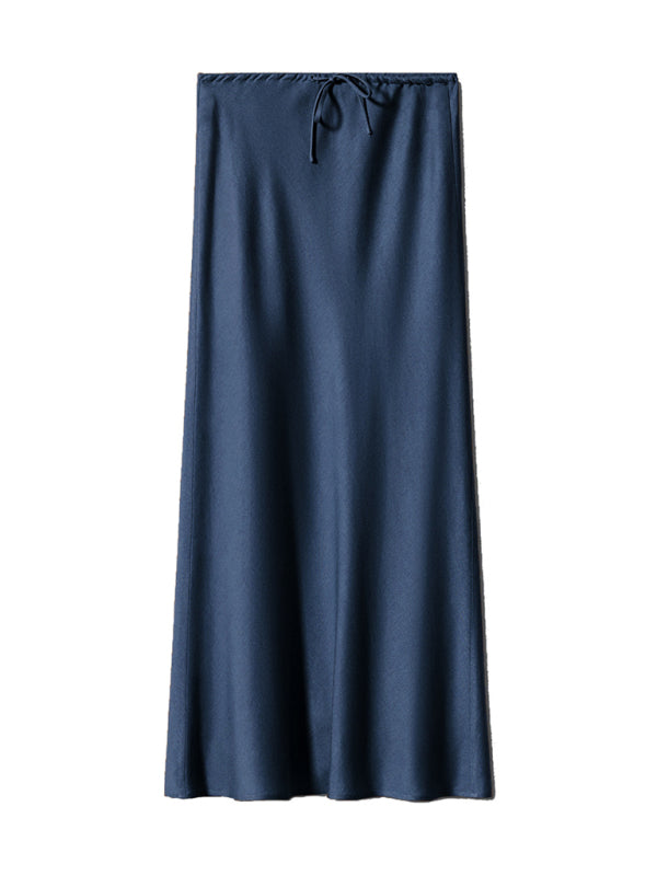 Blue Zone Planet | Satin Long Skirt High Waist Drawstring Tie Solid Color Halter Skirt-[Adult]-[Female]-Black-S-2022 Online Blue Zone Planet