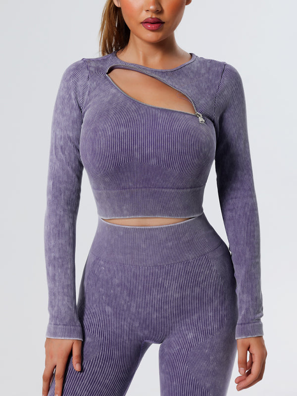 Blue Zone Planet | Quick Dry Long Sleeve Seamless Yoga Wear Top-[Adult]-[Female]-Violet-S-2022 Online Blue Zone Planet