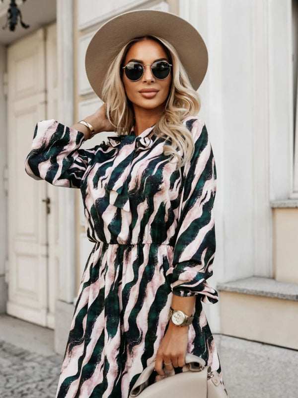 Blue Zone Planet | Jade's Bow Tie Waist Zebra Long Sleeve Midi Dress-TOPS / DRESSES-[Adult]-[Female]-Green-S-2022 Online Blue Zone Planet