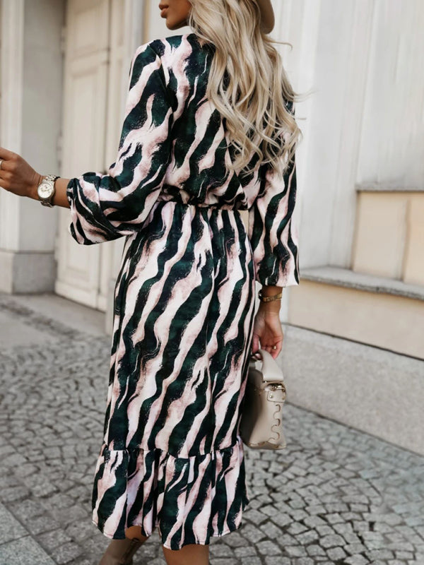 Blue Zone Planet | Jade's Bow Tie Waist Zebra Long Sleeve Midi Dress-TOPS / DRESSES-[Adult]-[Female]-2022 Online Blue Zone Planet