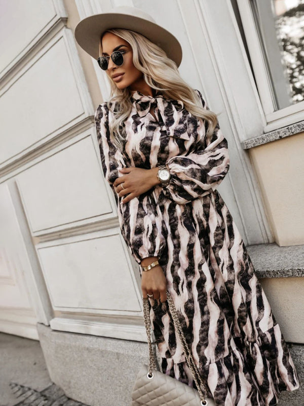 Blue Zone Planet | Jade's Bow Tie Waist Zebra Long Sleeve Midi Dress-TOPS / DRESSES-[Adult]-[Female]-2022 Online Blue Zone Planet