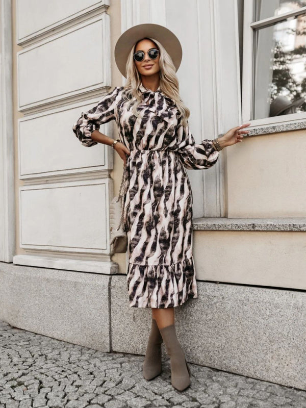 Blue Zone Planet | Jade's Bow Tie Waist Zebra Long Sleeve Midi Dress-TOPS / DRESSES-[Adult]-[Female]-2022 Online Blue Zone Planet