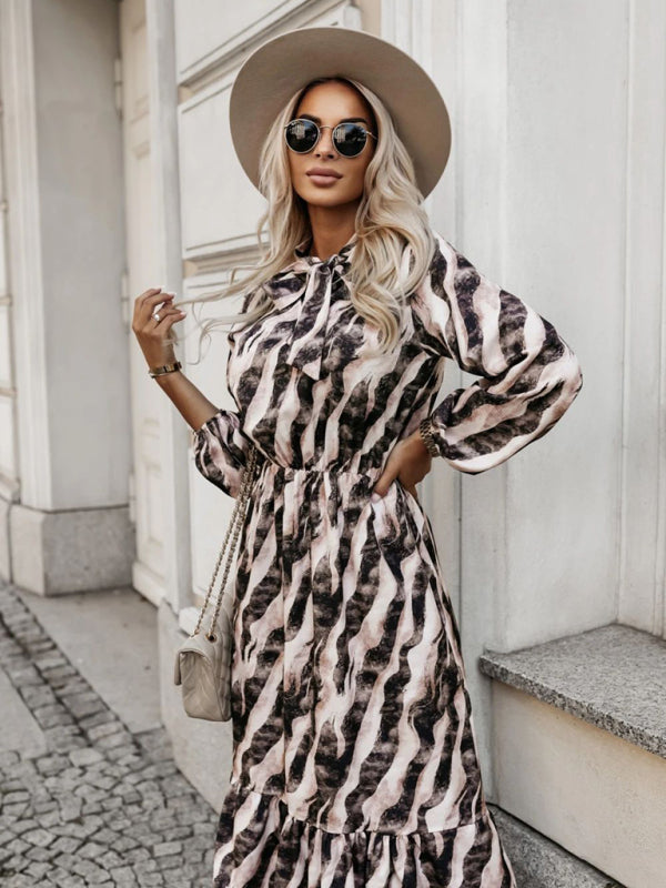 Blue Zone Planet | Jade's Bow Tie Waist Zebra Long Sleeve Midi Dress-TOPS / DRESSES-[Adult]-[Female]-Khaki-S-2022 Online Blue Zone Planet