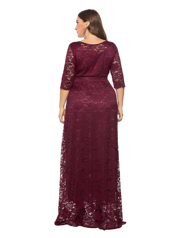 Blue Zone Planet | Laura's Plus Size Elegant Lace Maxi Dress-TOPS / DRESSES-[Adult]-[Female]-Dark Red-XL-2022 Online Blue Zone Planet