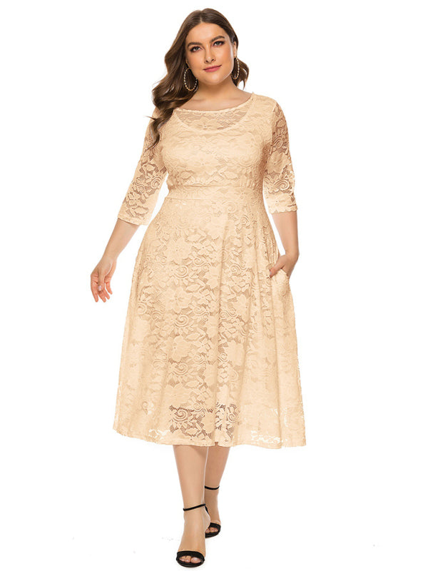 Blue Zone Planet | Bridesmaid Plus Size Lace Pocket Midi Dress-TOPS / DRESSES-[Adult]-[Female]-Cracker khaki-XL-2022 Online Blue Zone Planet