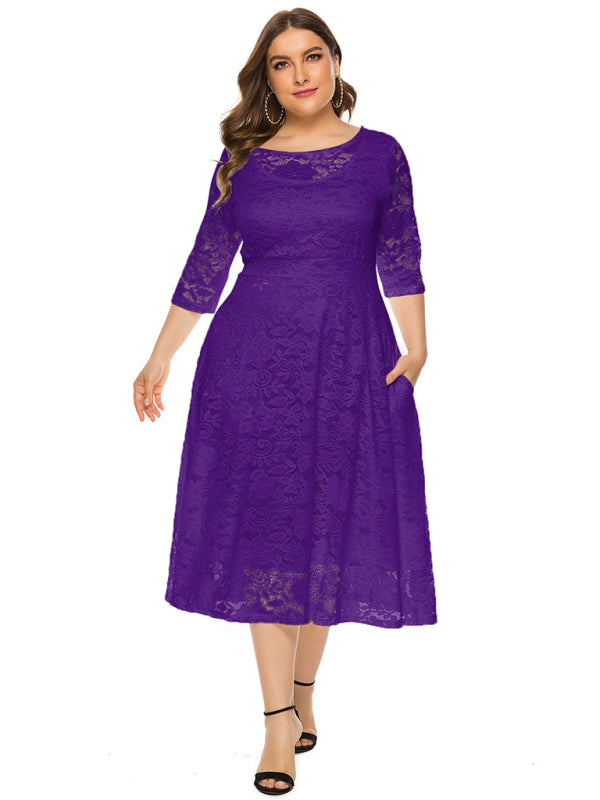 Blue Zone Planet | Bridesmaid Plus Size Lace Pocket Midi Dress-TOPS / DRESSES-[Adult]-[Female]-Dark purple-XL-2022 Online Blue Zone Planet