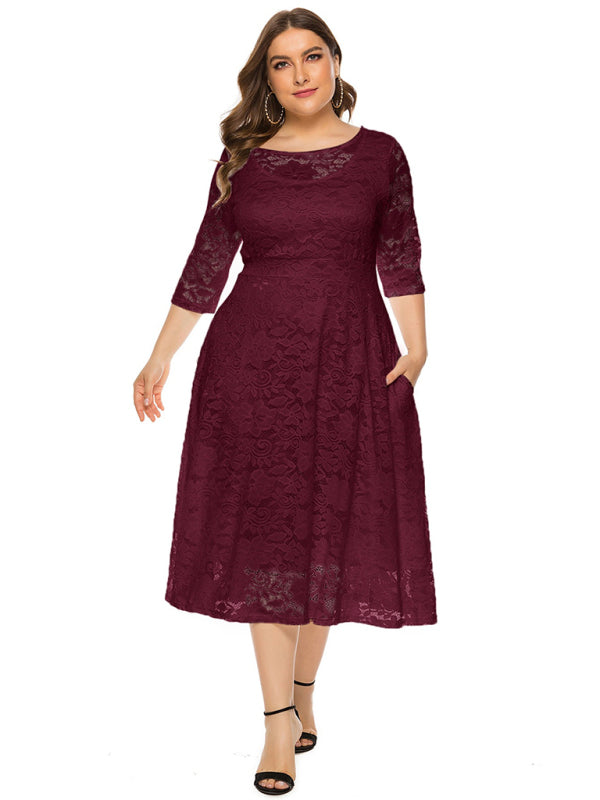 Blue Zone Planet | Bridesmaid Plus Size Lace Pocket Midi Dress-TOPS / DRESSES-[Adult]-[Female]-Dark Red-XL-2022 Online Blue Zone Planet