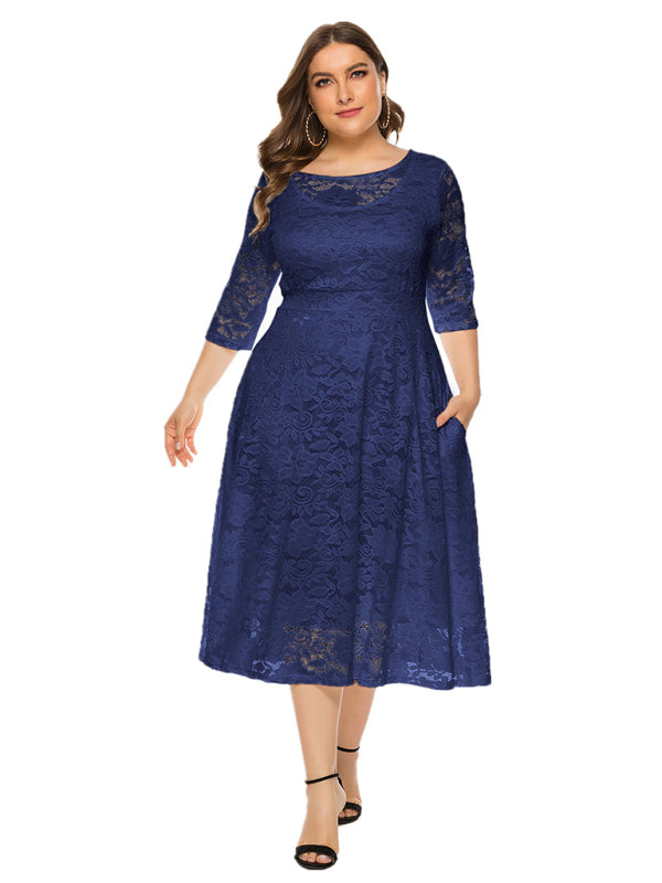 Blue Zone Planet | Bridesmaid Plus Size Lace Pocket Midi Dress-TOPS / DRESSES-[Adult]-[Female]-Champlain color-XL-2022 Online Blue Zone Planet