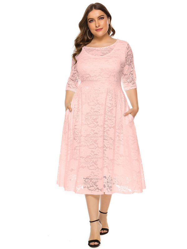 Blue Zone Planet | Bridesmaid Plus Size Lace Pocket Midi Dress-TOPS / DRESSES-[Adult]-[Female]-Pink-XL-2022 Online Blue Zone Planet