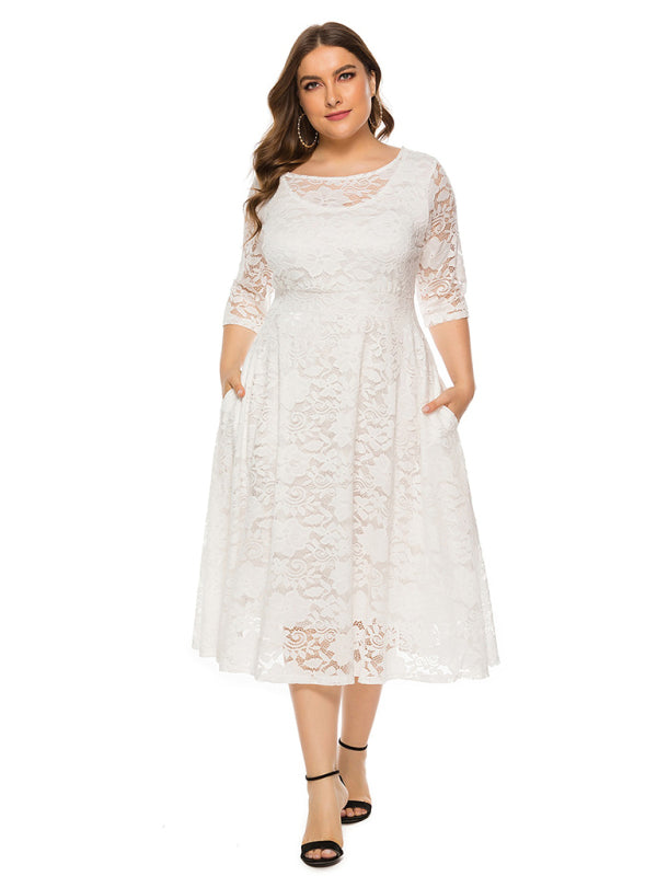 Blue Zone Planet | Bridesmaid Plus Size Lace Pocket Midi Dress-TOPS / DRESSES-[Adult]-[Female]-White-XL-2022 Online Blue Zone Planet