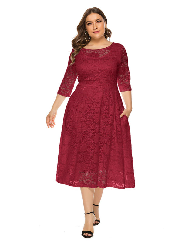 Blue Zone Planet | Bridesmaid Plus Size Lace Pocket Midi Dress-TOPS / DRESSES-[Adult]-[Female]-Wine Red-XL-2022 Online Blue Zone Planet