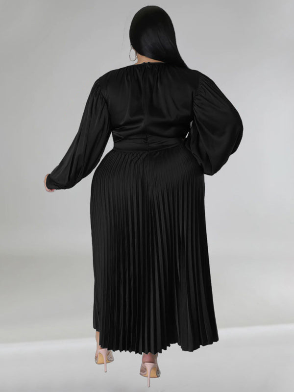 Blue Zone Planet | Gia's Plus Size Pleated Round Neck Long Sleeve Maxi Dress-TOPS / DRESSES-[Adult]-[Female]-2022 Online Blue Zone Planet