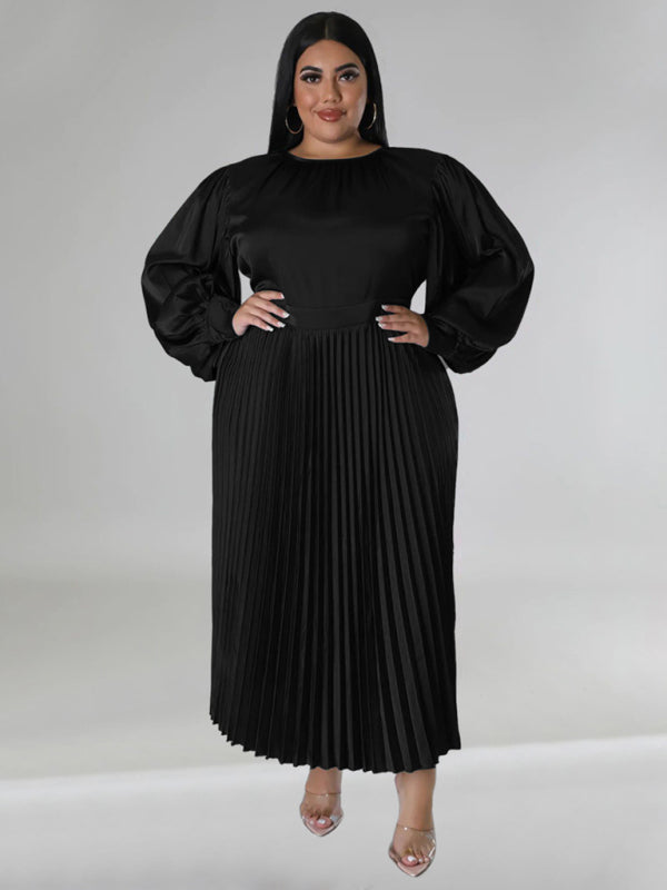 Blue Zone Planet | Gia's Plus Size Pleated Round Neck Long Sleeve Maxi Dress-TOPS / DRESSES-[Adult]-[Female]-2022 Online Blue Zone Planet