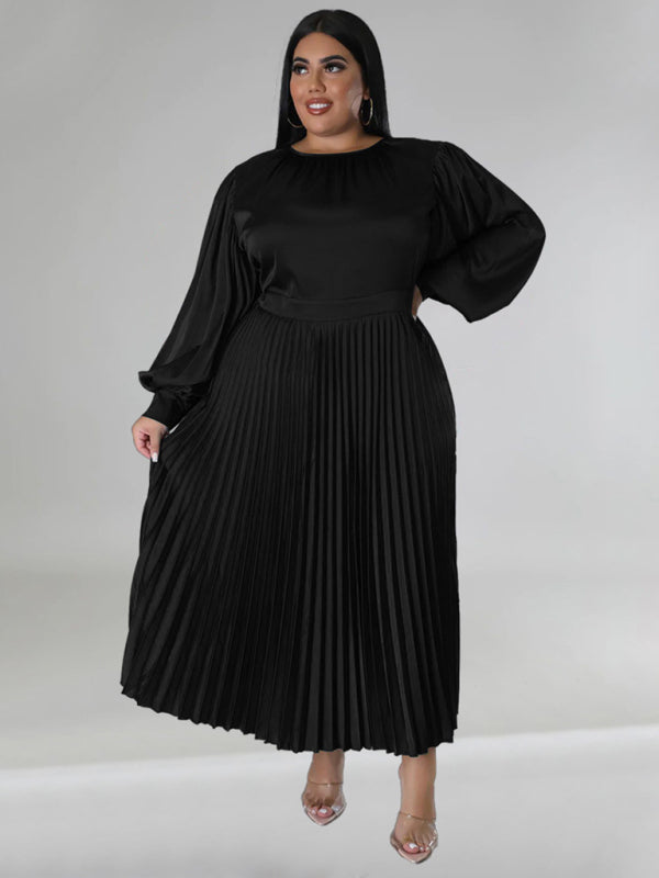 Blue Zone Planet | Gia's Plus Size Pleated Round Neck Long Sleeve Maxi Dress-TOPS / DRESSES-[Adult]-[Female]-Black-L-2022 Online Blue Zone Planet