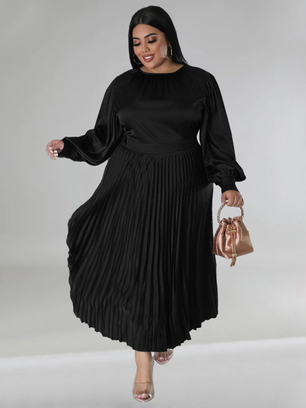 Blue Zone Planet | Gia's Plus Size Pleated Round Neck Long Sleeve Maxi Dress-TOPS / DRESSES-[Adult]-[Female]-2022 Online Blue Zone Planet