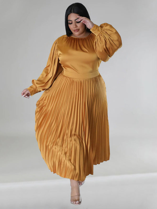 Blue Zone Planet | Gia's Plus Size Pleated Round Neck Long Sleeve Maxi Dress-TOPS / DRESSES-[Adult]-[Female]-2022 Online Blue Zone Planet